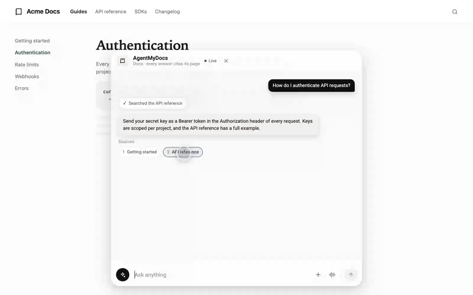 AgentMyDocs demo: a developer asks how to authenticate API requests, the assistant answers to pass the key as a Bearer token in the Authorization header and cites the Getting started and API reference pages.