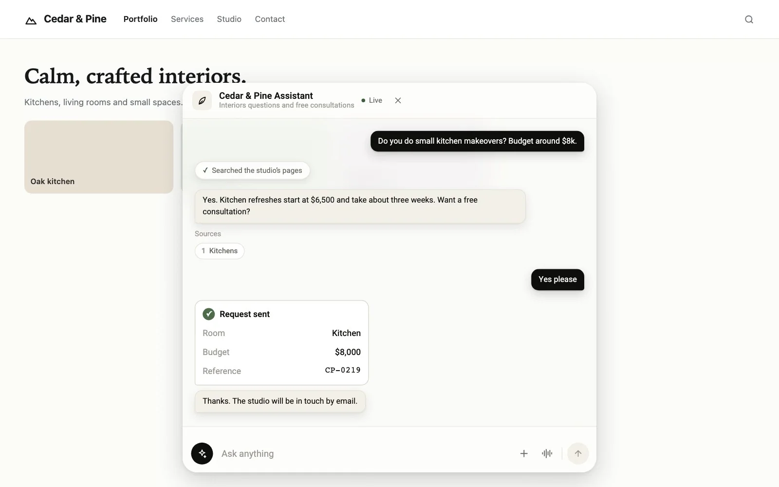 Pixel & Co sets up an assistant for its client Cedar & Pine Interiors in the admin, then a visitor on the client's site requests a kitchen consultation.