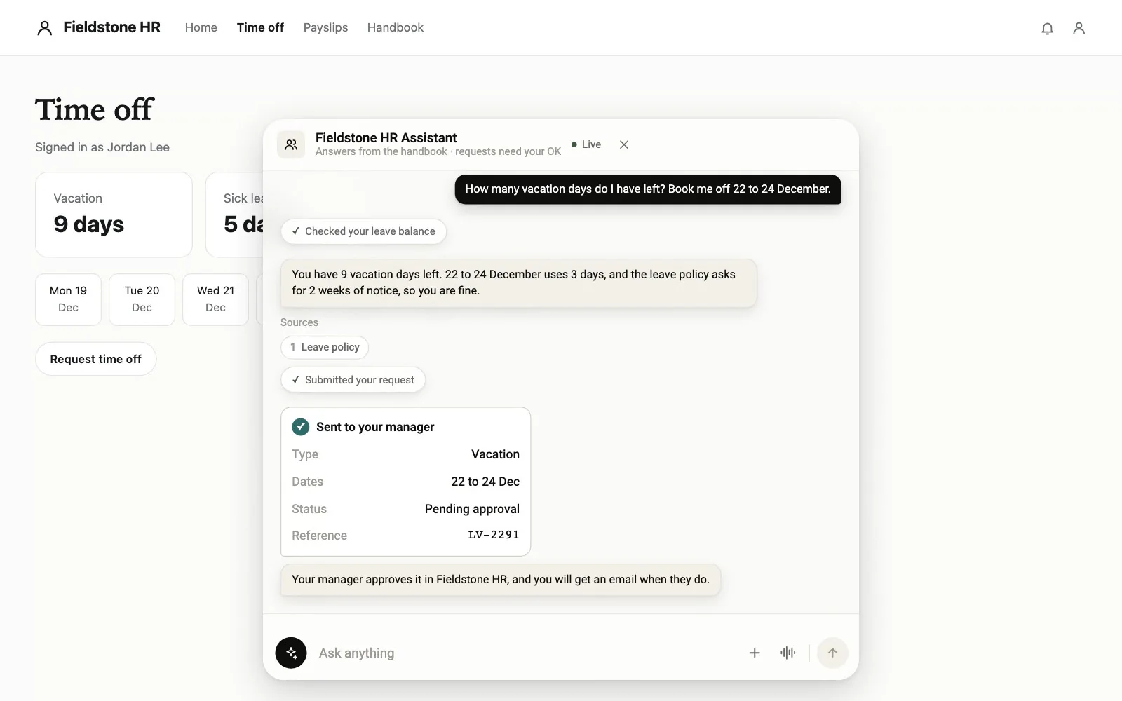 Fieldstone HR uploads its handbook and adds leave actions in the admin, then an employee checks a balance and confirms a leave request in the HR portal.