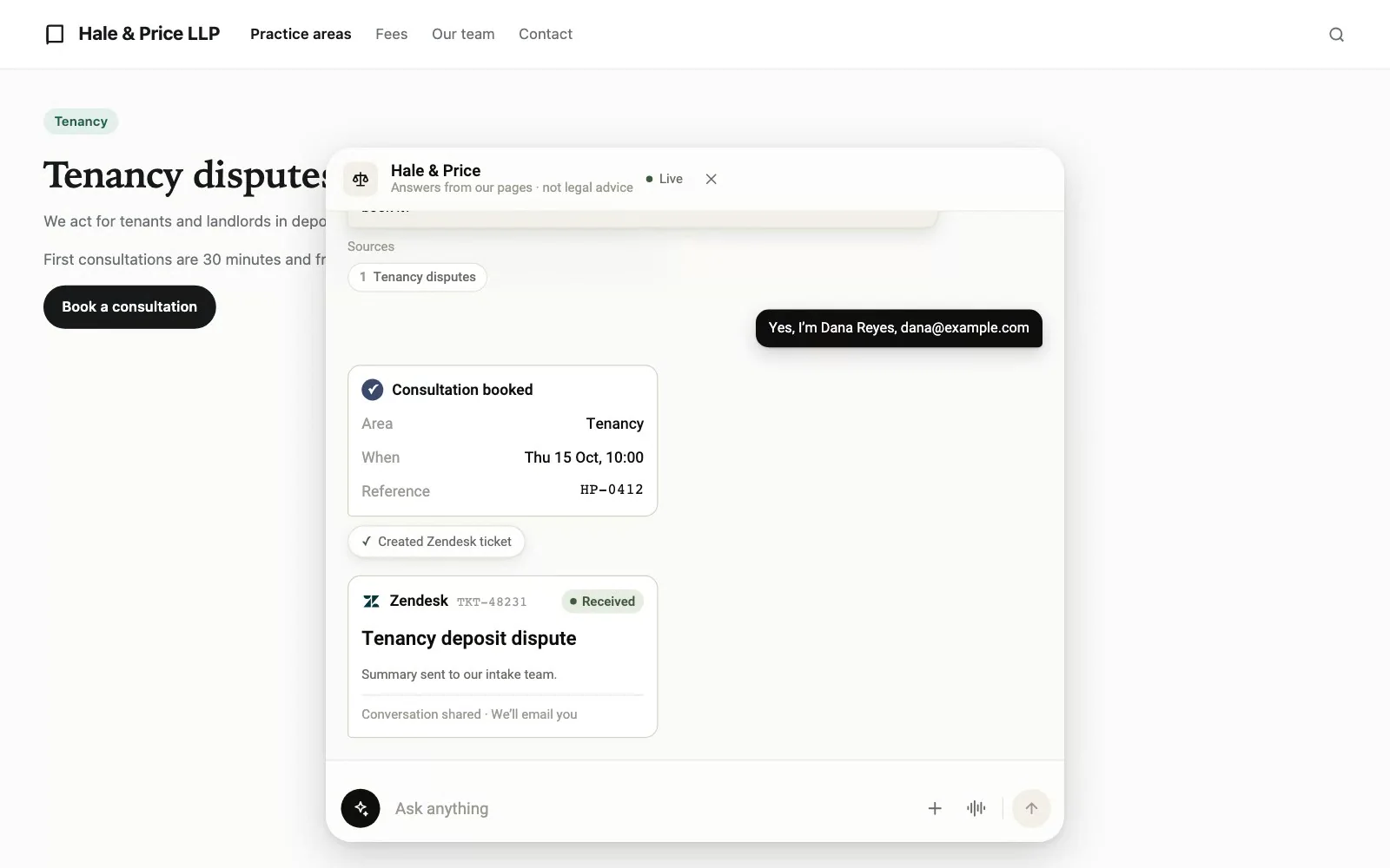 Hale & Price adds its pages, a booking action and Zendesk in the admin, then a visitor books a consultation and the summary goes to the intake team.