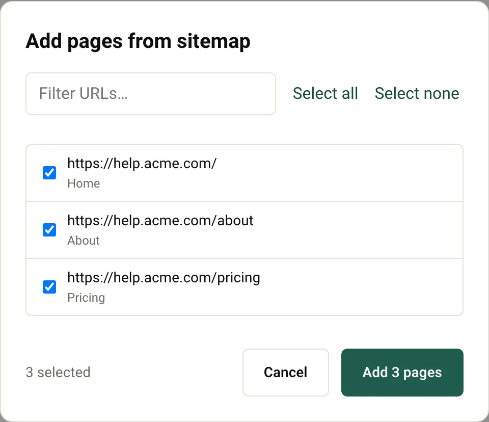 The Add pages from sitemap dialog listing three pages, all selected, with an Add 3 pages button