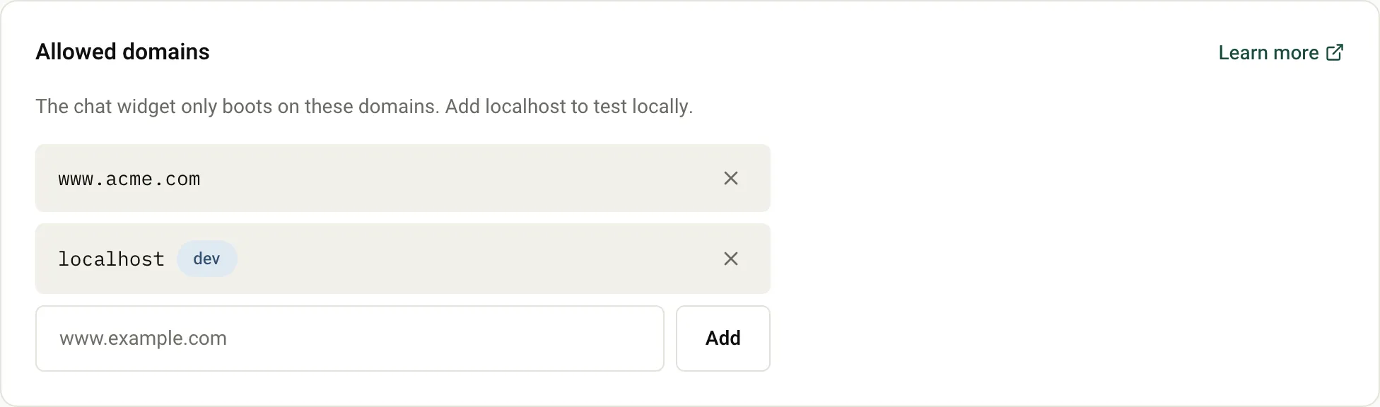 The Allowed domains section with www.acme.com and localhost, which has a dev tag