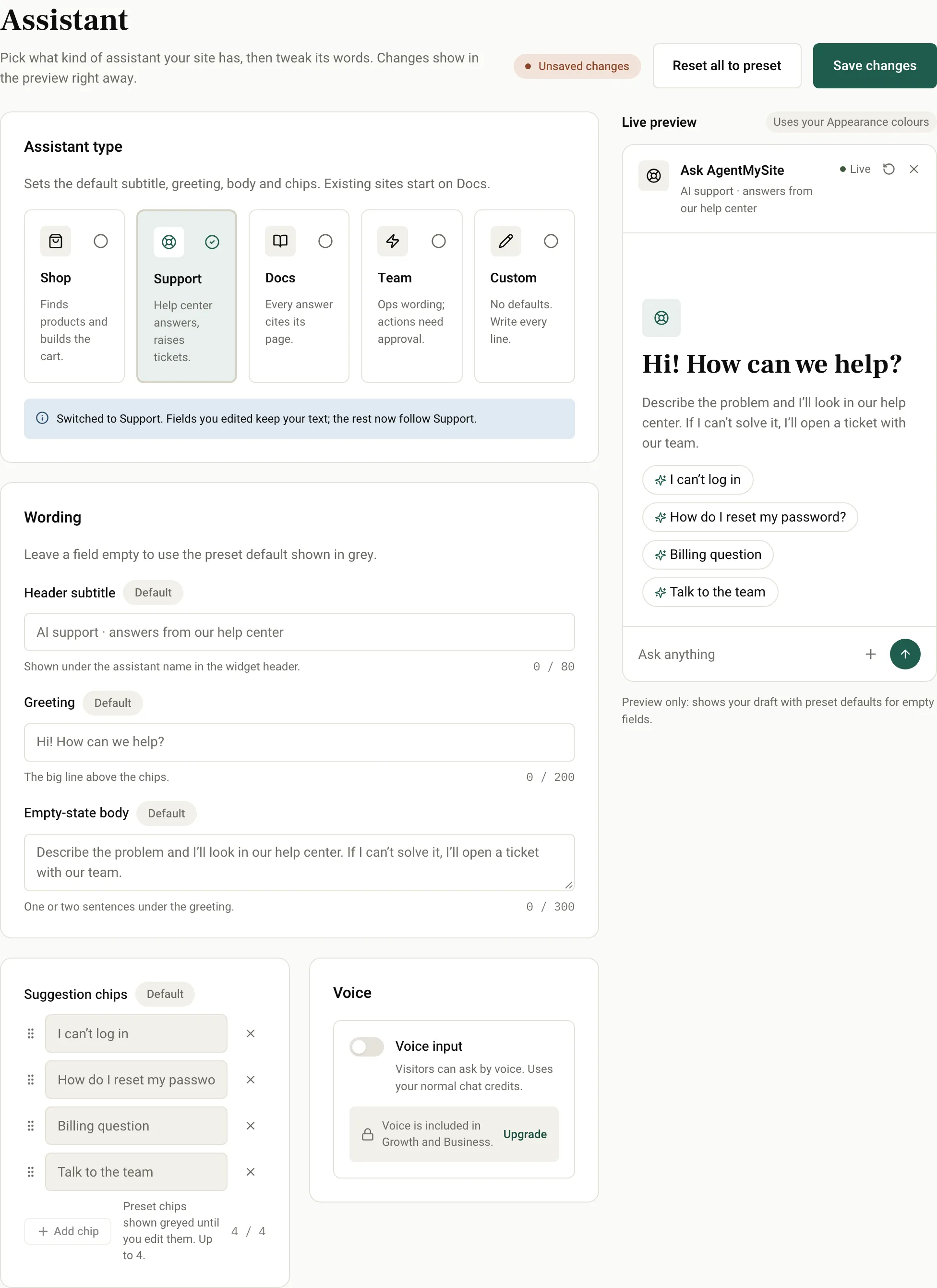 The Assistant page with the Support preset selected, its wording fields and chips on the left and a live widget preview on the right