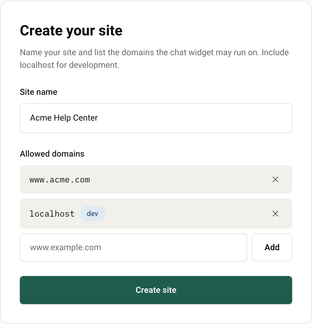 The Create your site form with a site name and two allowed domains, www.acme.com and localhost